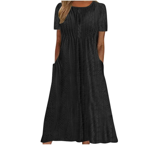 FAVIPT Dresses for Women Casual Eyelet Embroidery Short Sleeves Dress Crewneck Summer Flowy Midi Dresses with Pockets 2025 Black,L