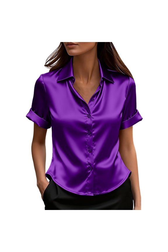 Dressy Satin Silk Blouse for Women Button Down Short Sleeve Shirts Business Casual Office Work Tops Purple,M