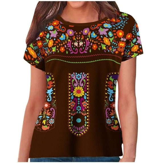 FAVIPT Embroidered Mexican Shirts for Women Vintage Floral Print T Shirts Short Sleeve Crew Neck Blouses Ethnic Style Peasant Bohemian Shirts Casual Summer 2025 Tees Brown,L