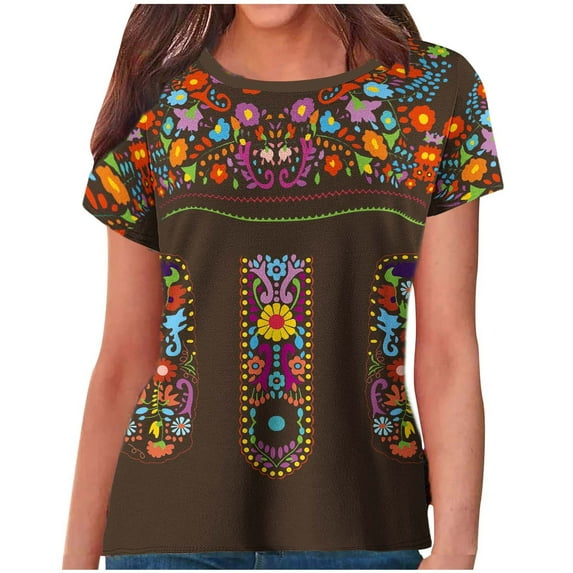 FAVIPT Embroidered Tops for Women Boho Short Sleeve Crew Neck T Shirt Mexican Peasant Ethnic Style Shirts Pullover Relaxed Fit Bohemian Tees Casual Summer 2025 Coffee,M