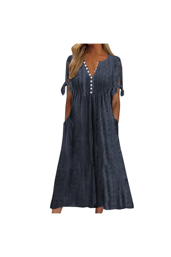 Eyelet Spring Dresses for Women 2025 Maxi Long Dresses for Women Trendy Short Sleeve Eyelet Tshirt Dress Casual Summer Beach Vacation Dress Navy,L