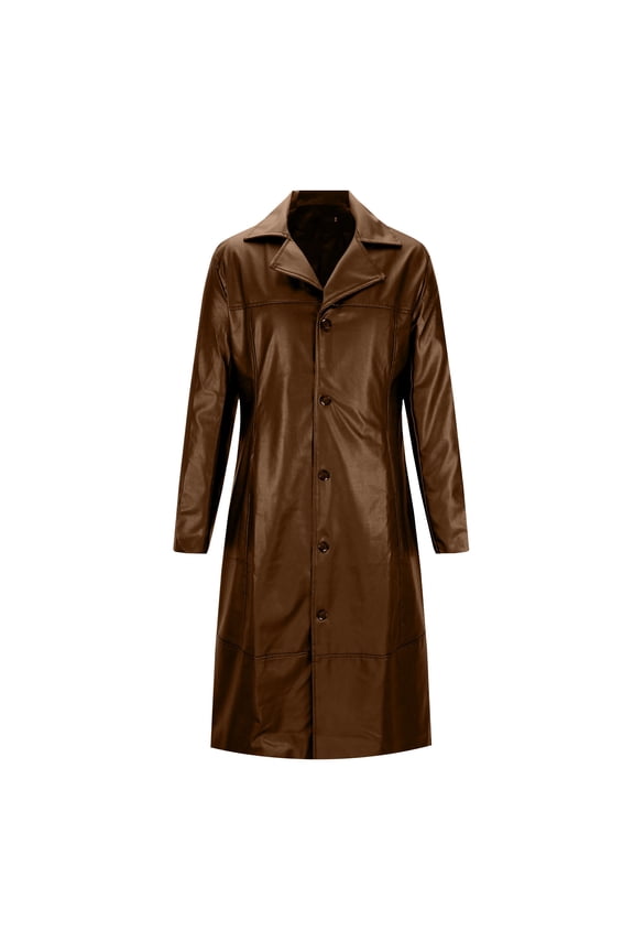 Faux Leather Jackets for Men Lonog Sleeve Button Down Plain Trench Coats Casual Trendy Lapel No Hood Outerwears Brown,XL