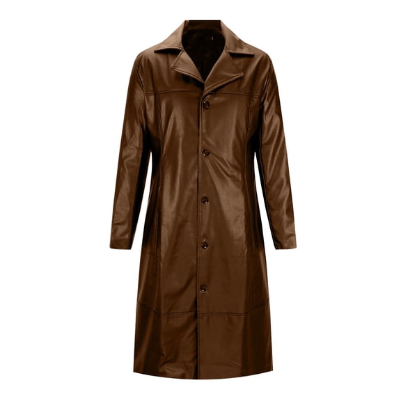 FAVIPT Faux Leather Jackets for Men Lonog Sleeve Button Down Plain Trench Coats Casual Trendy Lapel No Hood Outerwears Brown,XL