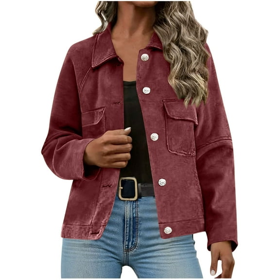 FAVIPT Faux Suede Crop Jacket Women Casual Trendy Button Down Outerwear Long Sleeve Lapel Thin Coat 2025 Fall Fashion Outfits Wine,XL