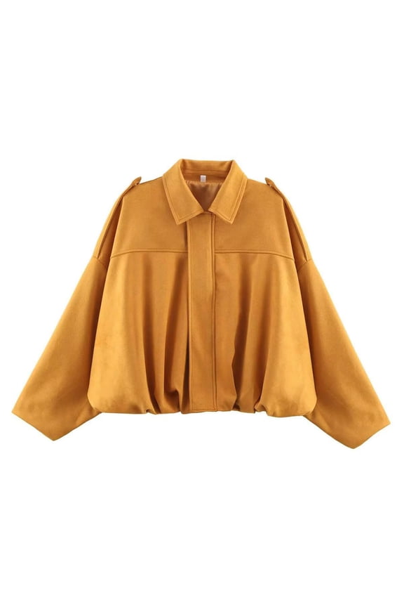 Faux Suede Oversized Bomber Jacket Women Spring Lapel Pilot Cropped Coat Casual Long Sleeves Zipper Streetwear Outerwear Yellow,L