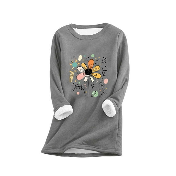FAVIPT Fleece Crew Neck Sweatshirts for Women Long Sleeve Lined Sherpa Tops Thicken Wool Winter Warm Soft Underwear Casual Loose Floral Print Tees Dark Gray,S