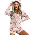 thumbnail image 1 of FAVIPT Fleece Hoodie Jumpsuit for Women Plush Sherpa Winter Cozy Romper Cute Cat Ear Hoodie Onesie Christmas Print Shorts Zipper Sleepwear 2025 Pink,L, 1 of 7