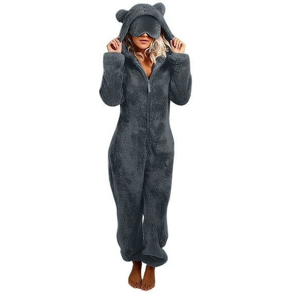 FAVIPT Fleece Hoodie Jumpsuit for Women Sherpa Winter Ear Hooded Plush Onesie Pajamas with Eye Mask, Zip Front Casual Loose Sleepwear Dark Gray,XL