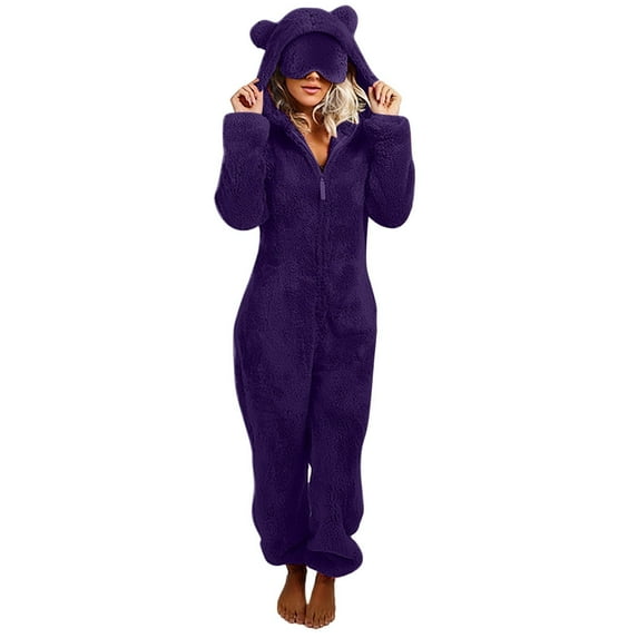 FAVIPT Fleece Hoodie Jumpsuit for Women Sherpa Winter Ear Hooded Plush Onesie Pajamas with Eye Mask, Zip Front Casual Loose Sleepwear Purple,S