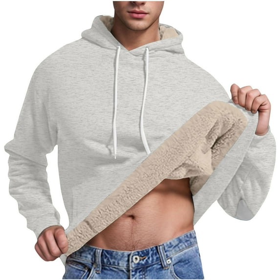 FAVIPT Fleece Hoodies for Men Warm Men's Casual Sherpa Lined Hoodie Solid Color Winter Thermal Pullover Hooded Sweatshirt 2025 Gray,L