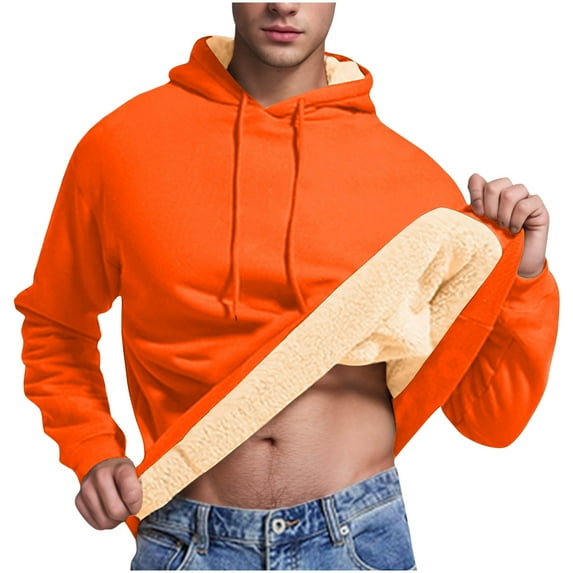 FAVIPT Fleece Hoodies for Men Warm Men's Casual Sherpa Lined Hoodie Solid Color Winter Thermal Pullover Hooded Sweatshirt 2025 Orange,L