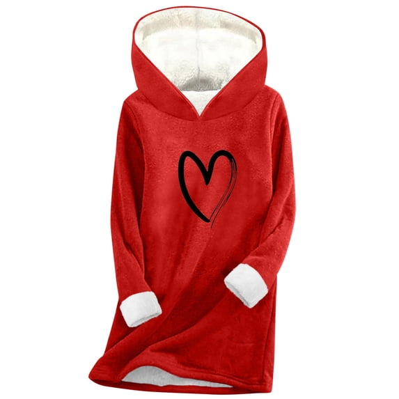 FAVIPT Fleece Lined Pullover for Women Heart Printed Long Sleeve Sweatshirt Sherpa Casual Thick Thermal Tops Oversized Winter Warm Hoodies Red,M