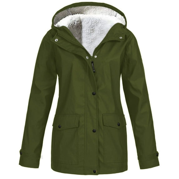 FAVIPT Fleece Lined Raincoat Fleece Lined Raincoat for Women Waterproof with Hood Plus Size Solid Color Lightweight Outdoor Windbreaker Jacket Outerwear Army Green,L