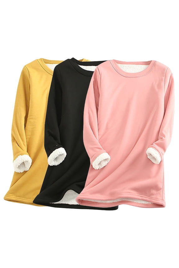 Fleece Lined Sweatshirt Women Winter Warm Sherpa Crewneck Sweatshirts Pullover Basic Solid Long Sleeve Loungewear Tunic Tops Plus Size Pack of 3 Black,M
