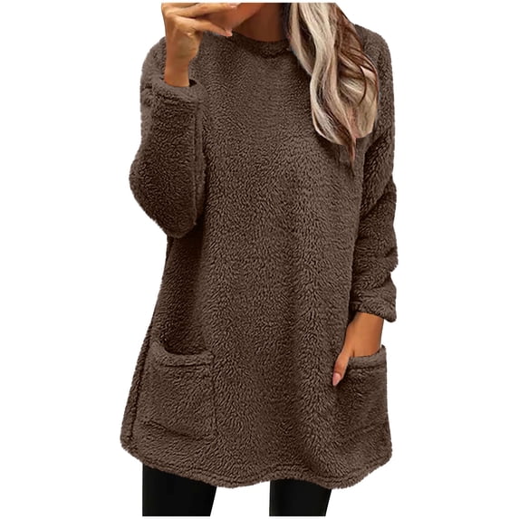 FAVIPT Fleece Lined Sweatshirts for Women Long Sleeve Plain Sherpa Tops Crew Neck Winter Warm Soft Underwear with Pockets Brown,S