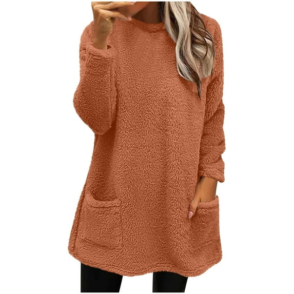 FAVIPT Fleece Lined Sweatshirts for Women Long Sleeve Plain Sherpa Tops Crew Neck Winter Warm Soft Underwear with Pockets Khaki,L
