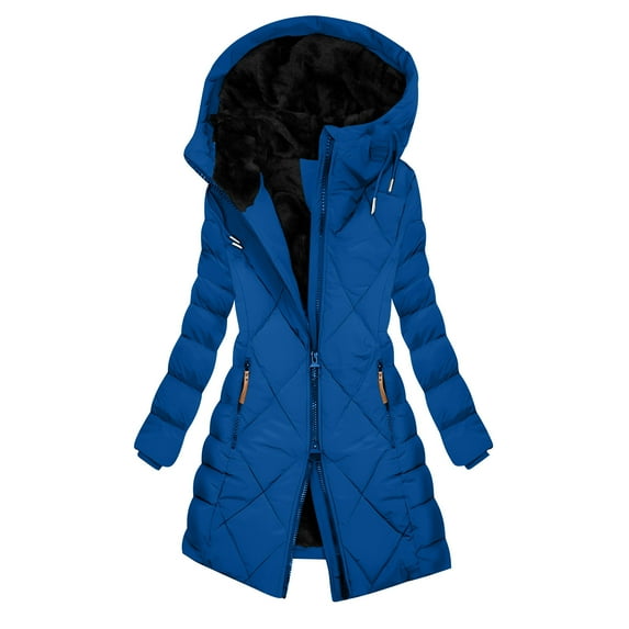 FAVIPT Fleece Lined Winter Jacket Women Long Puffer Padded Hooded Coats Zip Up Thicken Parkas Casual Winter Quilted Outerwear Blue,S