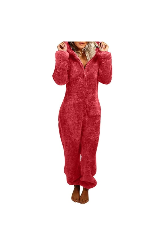 Fleece Onesie Women Pajamas Hooded Zip Up Plush Lounge Jumpsuit Cozy Warm Sleepwear for Lounging Rest Red,L