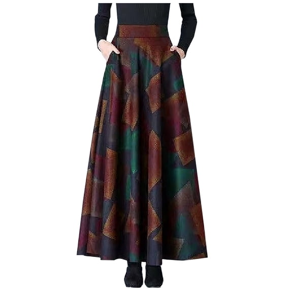 FAVIPT Floral Print Maxi for Women A-Line Elastic Waist Vintage Skirts Ankle Length Swing Skirt with Pockets Khaki,XL