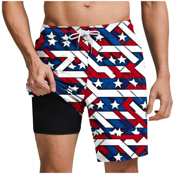 FAVIPT Fourth of July Shorts for Men Stars and Stripes Print Swim Trunks Elastic Waist Pockets Shorts with Compression Liner Lounge Vacation 2025 Beach Shorts Gray,XXXL