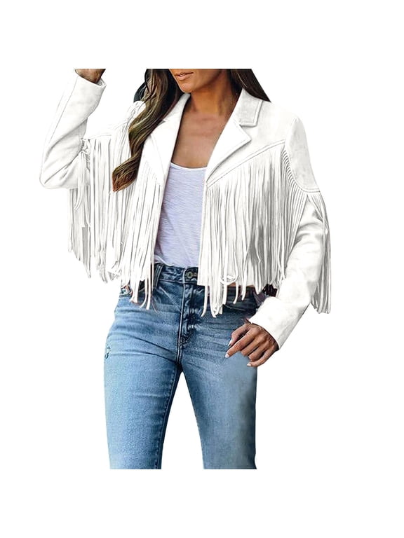 Fringe Coat for Women Faux Suede Leather Jackets 70s Ethnic Hippie Open-Front Cowboy Style Coats Long Sleeve Tassels Cardigan Coat Tops