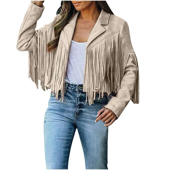 FAVIPT Fringe Coat for Women Faux Suede Leather Jackets 70s Ethnic Hippie Open-Front Cowboy Style Coats Long Sleeve Tassels Cardigan Coat Tops