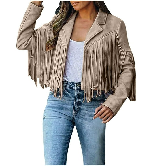 FAVIPT Fringe Jacket for Women Cowgirl,Women's Fringe Faux Suede Leather Jackets Fall Winter Long Sleeve Lapel Neck Moto Coat Outwear,Women's Leather Jacket Faux Suede Fringe Jacket Long