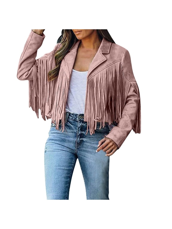 Fringe Jacket Women Western,Women's Fringe Faux Suede Leather Jackets 2023 Fashion Tassel Motorcycle Cropped Coats,Women's Leather Jacket Faux Suede Fringe Jacket Long