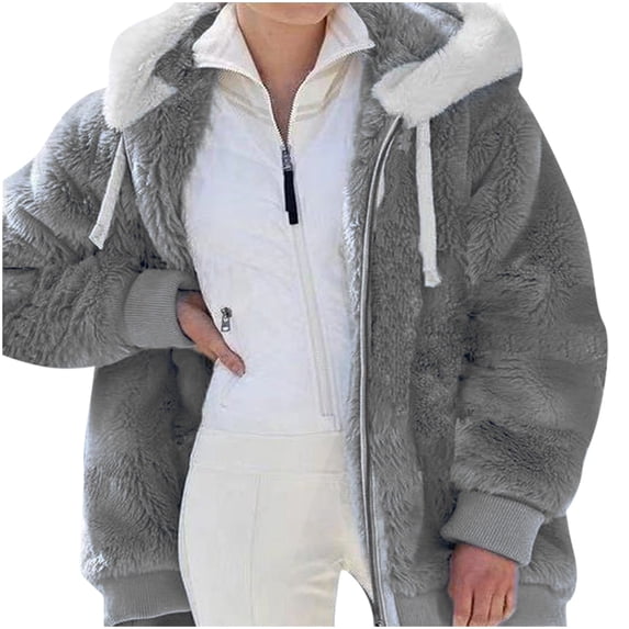 FAVIPT Fuzzy Coat for Women Plus Size Sherpa Fleece Jacket Color Block Outwear with Hood Winter Warm Shaggy Teddy Coats Dark Gray 5XL
