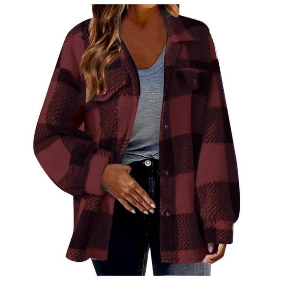 FAVIPT Fuzzy Jackets for Women Plaid,Flannel Jacket Women Button Down Sherpa Fleece Jackets Plus Size Plaid Shacket Soft Fluffy Fuzzy Outerwear Red,XXXXL