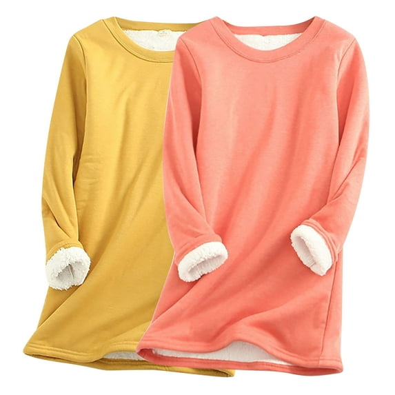 FAVIPT Fuzzy Sweatshirt Women Winter Soft Sherpa Fleece Lined Pullover Crewneck Solid Color Warm Sweatshirts Loungewear Tops Pack of 2 Yellow,XXXL