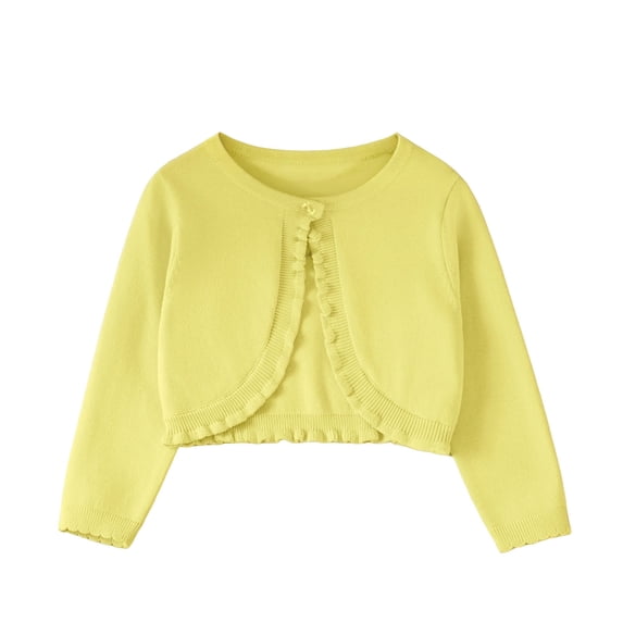 FAVIPT Girl Cardigan Sweaters Lace Trim Ruffled Long Sleeve Crewneck Bolero Shrug Casual Cute Knitted Button Cropped Jacket Yellow,8 Years