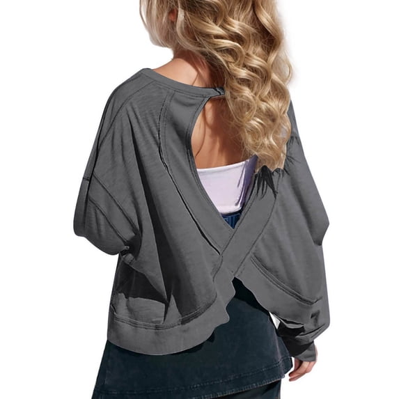 FAVIPT Girl Open Back Shirt Workout Backless Athletic Shirts Cute Oversized Crop Tops Sports Casual Long Sleeve Running Tees Dark Gray,13 Years