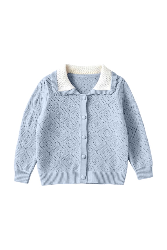 Girls Cardigan Sweaters Hollow Out Contrast Peter Pan Collar Long Sleeve Cardigans Casual Knitted Button Down Jacket Blue,2 Years