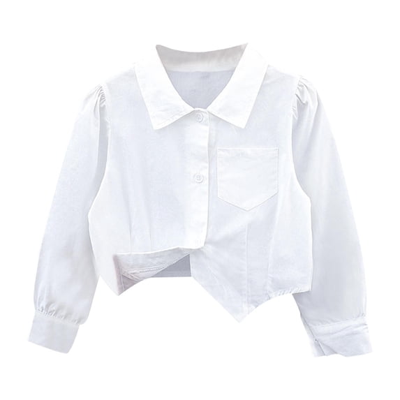 FAVIPT Girls Crop Shirts Irregular Hem Collared Button Down Long Sleeve Blouse Casual Cute Preppy Shirts with Chest Pocket White,9 Years