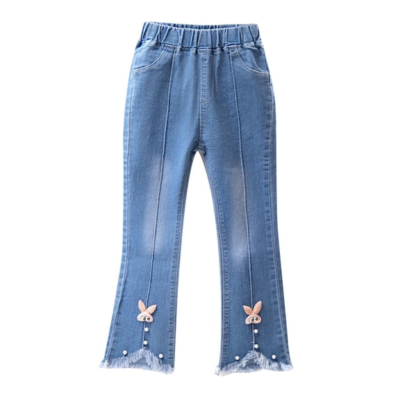FAVIPT Girls Flare Jeans Bow Frayed Hem Elastic High Waisted Bell Bottom Denim Pants Casual Cute Skinny Pant with Pockets Blue,4-5Years