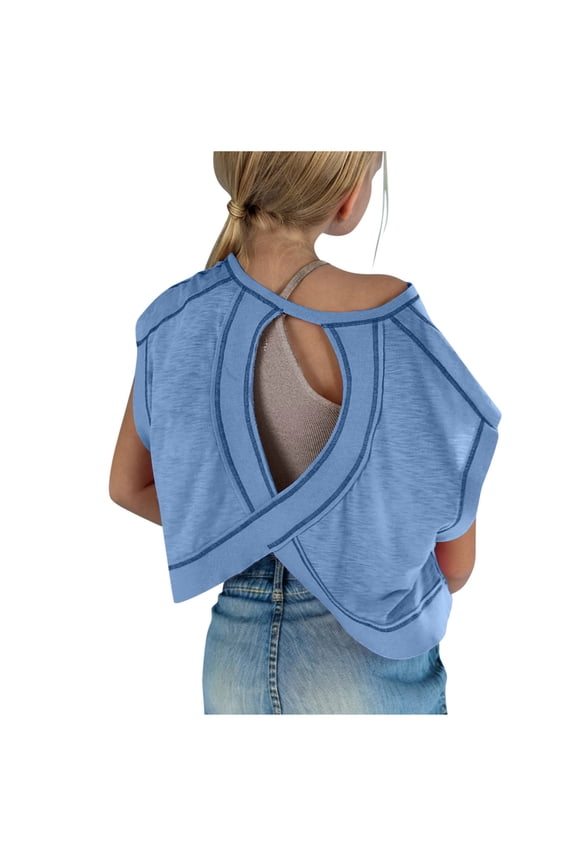 Girls Open Back Top Kids Workout Backless Athletic Shirt Cute Oversized Crop Tops Sports Casual Short Sleeve Running Tees Blue,11 Years