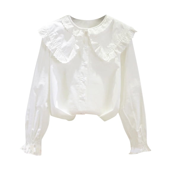 FAVIPT Girls Peter Pan Collar Shirts Button Down Lace Ruffled Puff Long Sleeve Blouse Casual Cute Solid Color Preppy Tops White,7 Years
