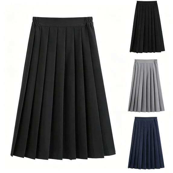 FAVIPT Girls Pleated Midi Skirts Elastic Waisted A-Line Knee Length School Uniform Skirt Casual Flowy Swing Preppy Skorts Black,3XL