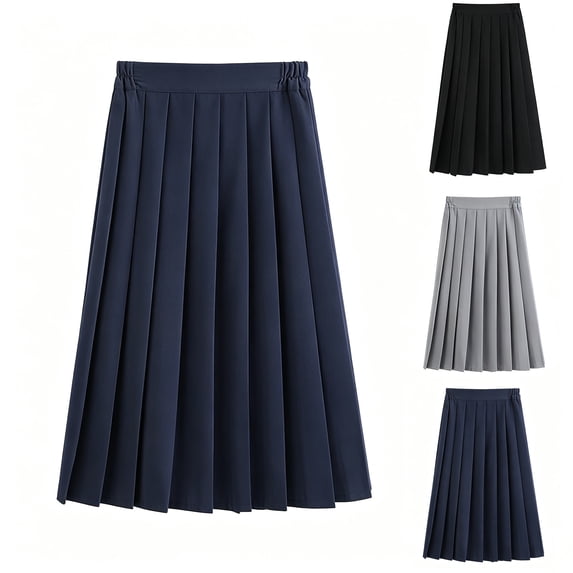 FAVIPT Girls Pleated Midi Skirts Elastic Waisted A-Line Knee Length School Uniform Skirt Casual Flowy Swing Preppy Skorts Navy,4XL