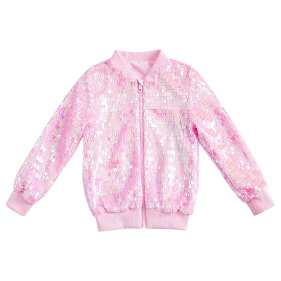FAVIPT Girls Sequin Jacket Sparkle Long Sleeve Zip Up Bomber Jackets Casual Shiny Glitter Party Lightweight Coat Pink,XXXL