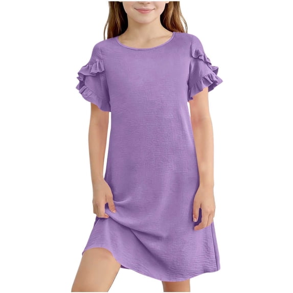 FAVIPT Girls T-Shirt Dress Round Neck Double Ruffle Short Sleeve Mini Dresses Casual Cute Solid Color A Line Dress Purple,14-15 Years