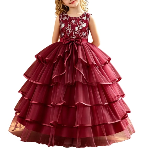 FAVIPT Girls Tiered Tulle Dress Embroidered Bowknot Sleeveless Satin Ruffle Tulle Dresses Formal Party Princess Gown Dress Wine,14-15 Years