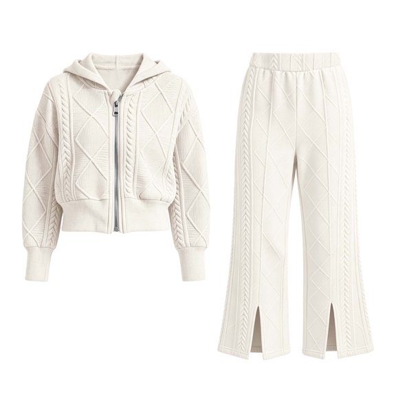 FAVIPT Girls Tracksuit Set Cable Knit Full Zip Hoodie Jacket and Flared Split Pants Casual Cute 2 Piece Fall Winter Lounge Sets Beige,5 Years