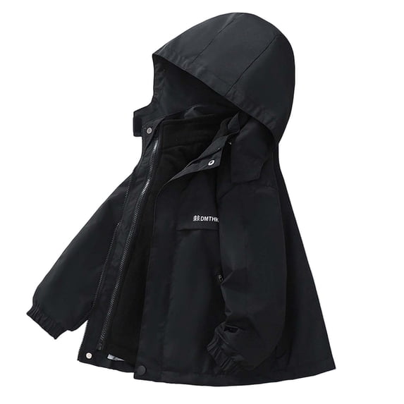 FAVIPT Girls Waterproof Jacket Fall Winter Boys Zip Up Windproof Hooded Jackets Fleece Lined Outdoor Coat with Zipper Pockets Black,5-6Years