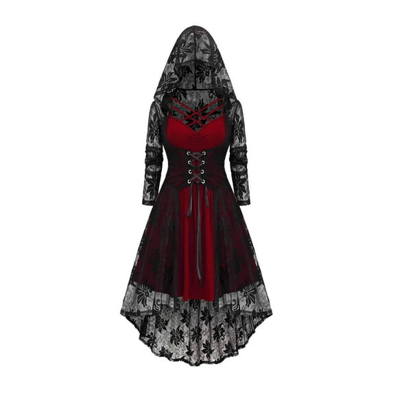 FAVIPT Gothic Dress for Women Lace Two Piece Vintage Flare Dress Halloween Witch Cosplay Maxi Costume Victorian Corset Hooded Ball Gown Costume Red,S