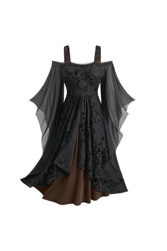 Gothic Dress for Women Lace Up Long Sleeve Maxi Dresses Cold Shoulder High Low Corset Costume Medieval Renaissance Witch Dresses 2025 Coffee,M