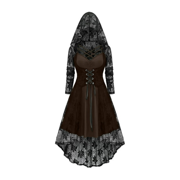 FAVIPT Gothic Dresses for Women Long Sleeve Lace Up Ball Gown Two Piece Halloween Cosplay Party Hooded Dresses Victorian Vintage Corset Dress Coffee,XL