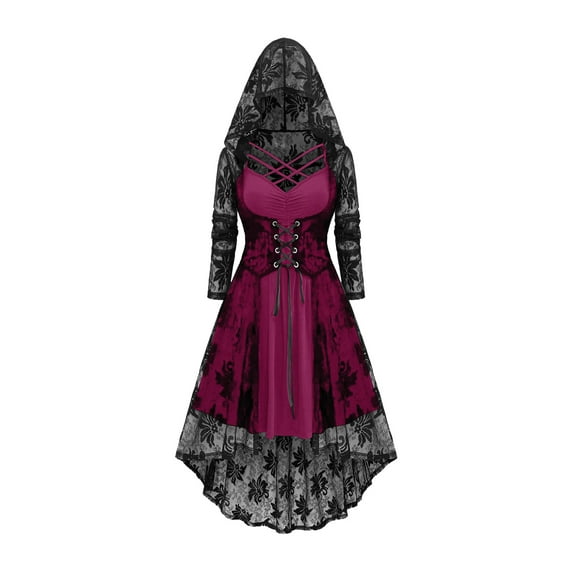FAVIPT Gothic Lace Up Dresses for Women Two Piece Flare Vintage Dress Halloween Witch Cosplay Maxi Costume Victorian Corset Hooded Ball Gown Hot Pink,M