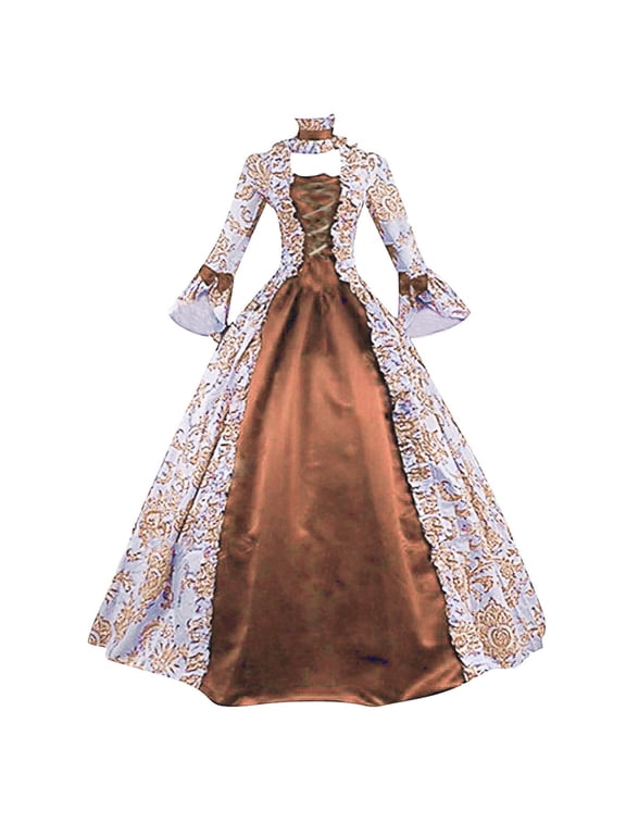 Gothic Medieval Dress for Women Victorian Renaissance Vintage Long Dresses Halloween Cocktaril Party Cosplay Costume Ball Gown Square Neck Dress Orange,L